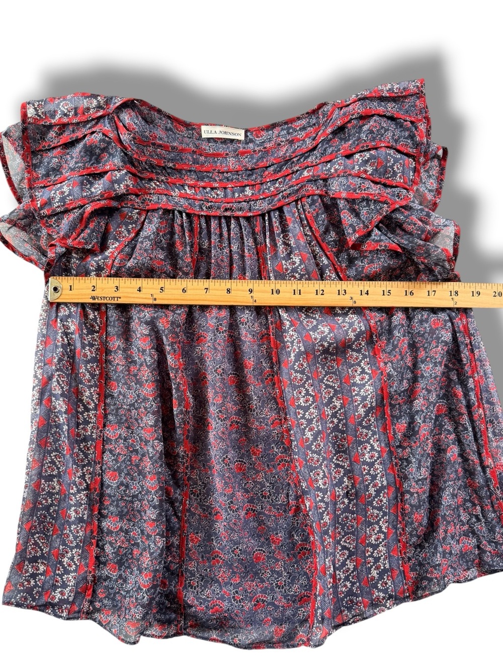 Ulla Johnson Red and Navy Floral Ruffle Cap-Sleeve Top - Picture 4 of 7
